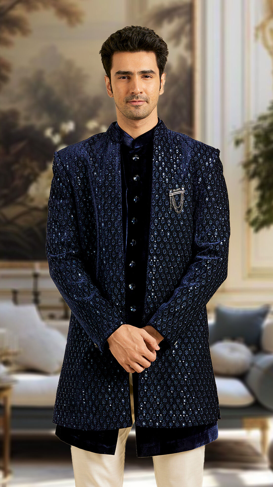 A groom wearing modern style sherwani for wedding